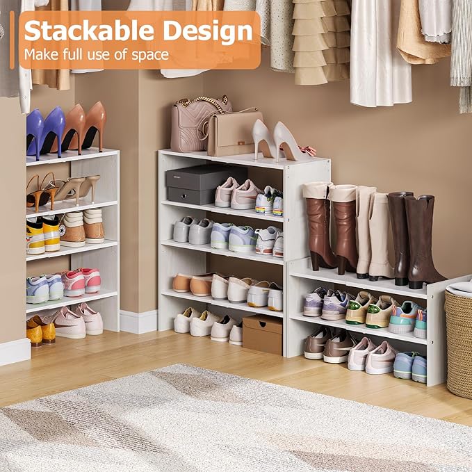 X-cosrack 2 Pack 2-Tier Shoe Rack Organizer for Closet, Expandable and Adjustable White Shoe Rack, Stackable Iron Wood Combin