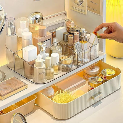 Makeup Organizer with Drawer, Stackable Cosmetic Organizer for Vanity and Bathroom Countertop, Clear Storage for Perfume, Ski