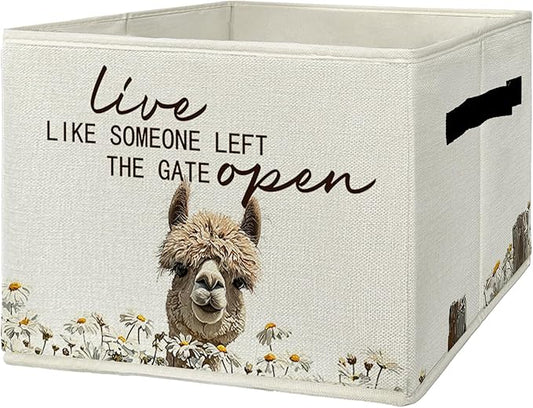 Rustic Alpaca Storage Bins & Boxes with Handles, Farmhouse Alpaca Foldable Basket for Organizing, Live Like Someone Left the 
