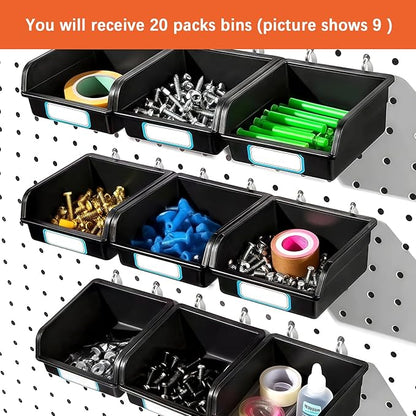 20 Pack Pegboard Bins With Metal Hooks, Black Pegboard Storage Bins, Pegboard Containers For Peg Board Organizing Accessories