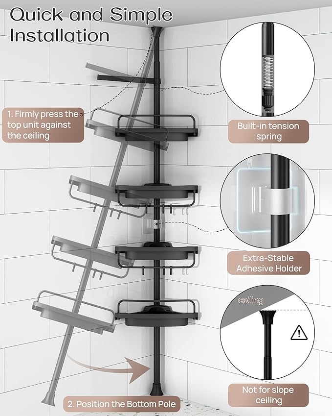 ALLZONE Corner Shower Caddy Tension Pole, Extendable Rustproof Stainless Steel Pole & 4-Tier Adjustable Shelves for Easy Drai