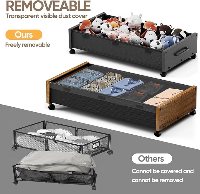 Under Bed Storage with Wheels, 2 Packs Wooden Storage Containers Extra Large Underbed Shoes Organizer, Rolling Under Bed Stor