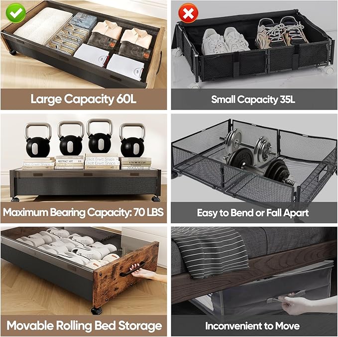 KITHELP Under Bed Storage with Wheels, Wooden Under Bed Drawers 2 Packs, Rolling Underbed Storage Containers Organizer with H