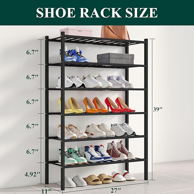 Smiry Shoe Rack, 6 Tier Bamboo Shoe Organizer, Stackable Free Standing Wooden Shoe Storage Shelf for Closet, Entryway, Front 