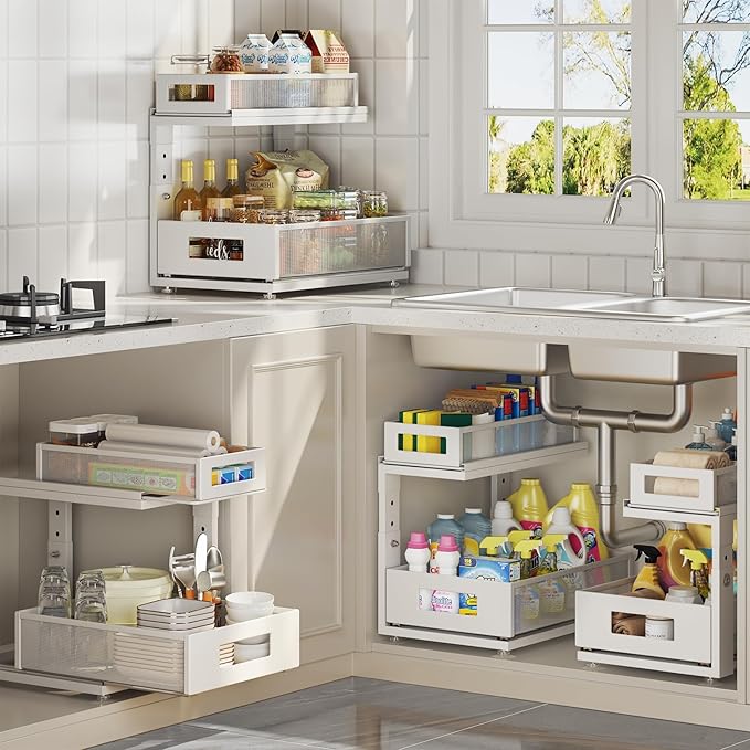 2 Pack Under Sink Organizer With Next-Gen Ball-Bearing Slides,2-Tier Pull Out Cabinet Storage,Height Adjustable Drawer Shelf 