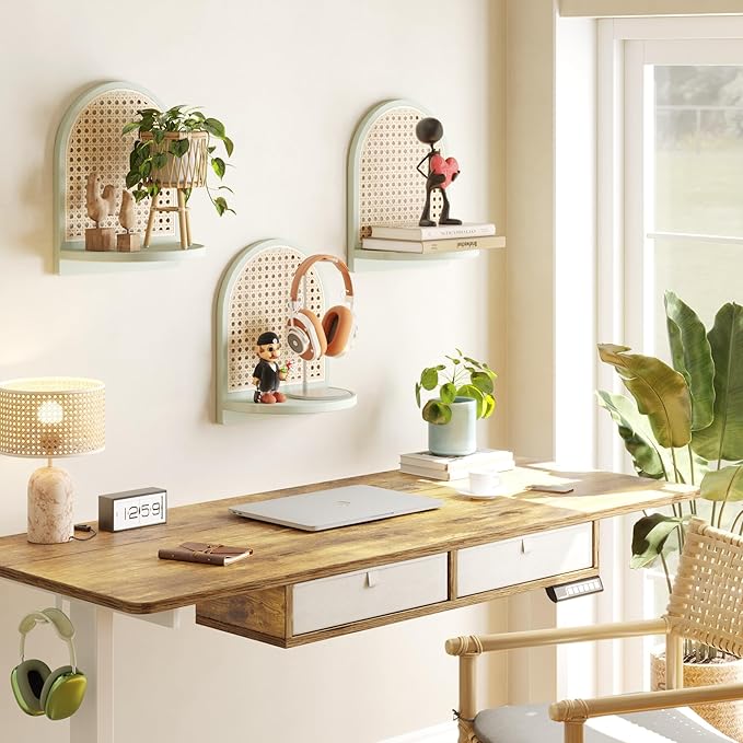 Rattan Wall Shelf Set of 3, 7''Green Rattan Shelves with Wicker Decor, Boho Decor Small Floating Shelves for Wall, Arched She