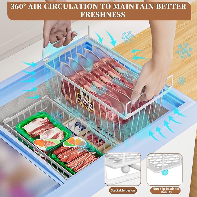 Enhanced Leak-Proof Bottom - Freezer Organizer Bins ，8 Pack Stackable Deep Freezer Organizer Bins for 7 Cu.FT Small Chest Fre