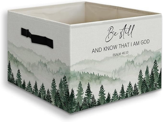 Forest Christian Basket Foldable Storage Bins Box with Handles, Be Still and Know That I Am God Bible Verse Religious Collaps