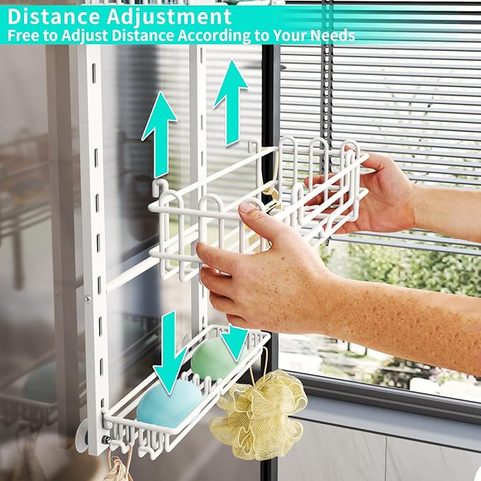 HapiRm 3 Tier Over the Door Shower Caddy, Hanging Shower Caddy with 16 Hooks and 2 Soap Holders, No Drilling Adjustable Hangi