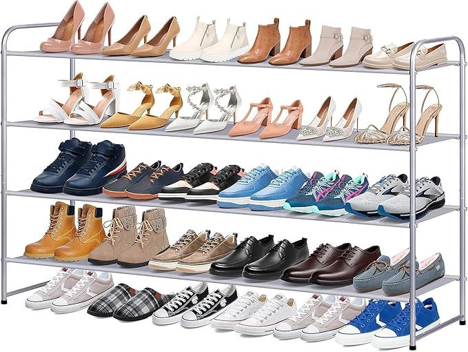 KIMBORA Long Shoe Rack for Closet, 30 Pairs Stackable Shoe Storage Organizer Wide 4 Tier Sneaker Shelf for Bedroom Floor (Gre