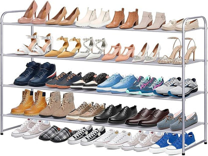 KIMBORA Long Shoe Rack for Closet, 30 Pairs Stackable Shoe Storage Organizer Wide 4 Tier Sneaker Shelf for Bedroom Floor (Gre