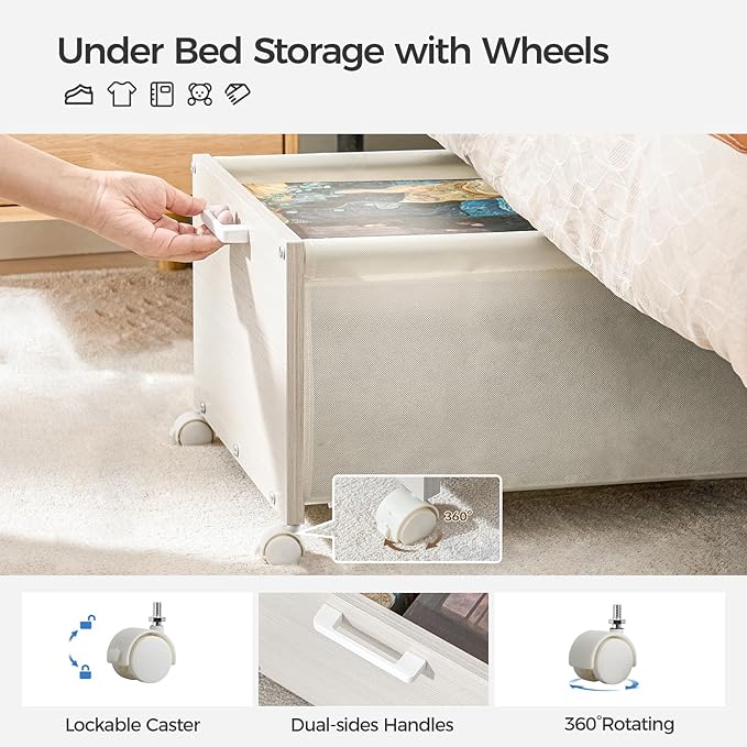 Under Bed Storage with Wheels, Wooden Under Bed Drawers On Wheels, Rolling Under Bed Shoe Storage, Space Saving,White,Quadrup