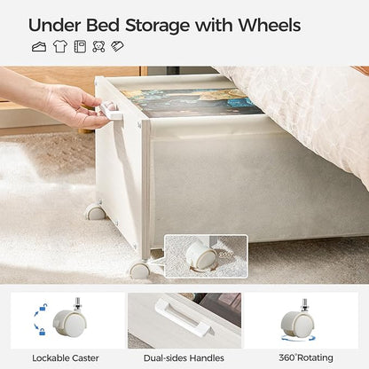 Under Bed Storage with Wheels, Wooden Under Bed Drawers On Wheels, Rolling Under Bed Shoe Storage, Space Saving,White,Quadrup