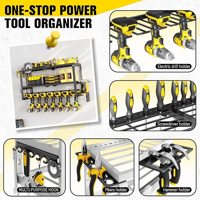 Hipidian Heavy Duty Power Tool Organizer Wall Mount - 300lb Capacity 3-Tier Storage Rack with 7 Drill Holders for Garage Work