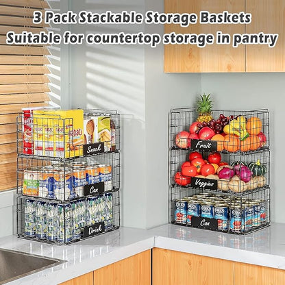 JKsmart 3 Pack XXL Stackable Wire Baskets with Handles for Pantry Storage and Organization, Fruit and Vegetable Basket with N