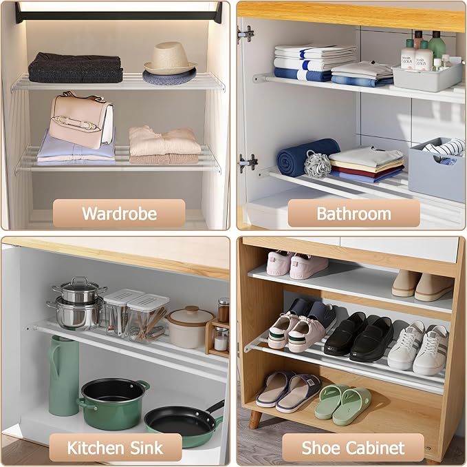 Expandable Closet Shelf Wall-Mounted Metal Storage Rack Adjustable Closet Rod DIY Divider Separator Space Saving for Cabinet 
