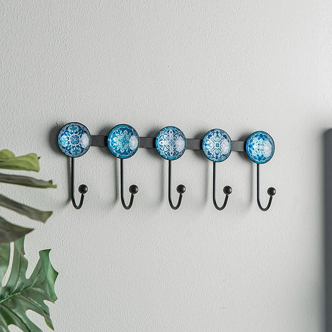Boho Coat Rack Wall Mounted with 5 Hooks, Glacier Theme Mandala Pattern Decorative Wall Hooks for Hanging Hat, Key, Towel, Pu
