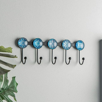 Boho Coat Rack Wall Mounted with 5 Hooks, Glacier Theme Mandala Pattern Decorative Wall Hooks for Hanging Hat, Key, Towel, Pu