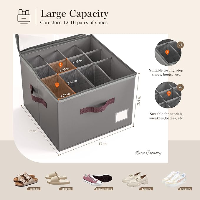 Criusia Shoe Organizer for Closet, 2 Pack Shoe Organizer with Transparent Cover and Sturdy Handles, Closet Shoe Storage for S