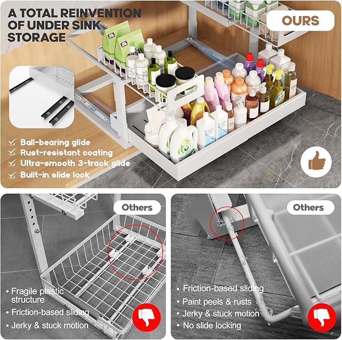 1 Pack Expandable Under Sink Organizers And Storage With Upgrade Ball-Bearing Slide Tracks,2-Tier Pull Out Under Cabinet Orga