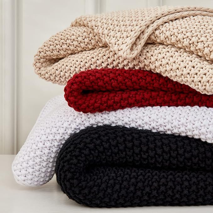 Chunky Cable Knit Throw Blanket Lightweight Wine red 100% Organic Cotton Blanket for Sofa Couch Bed Baby Nursery, Rustic Shab