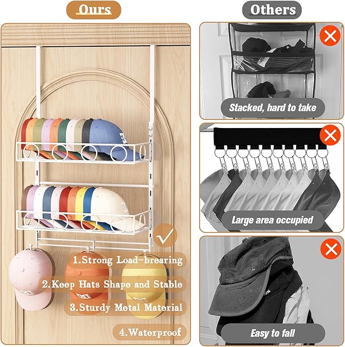 Over Door Hat Organizer 3 Tier Wall Mounted Hat Rack with 2 Adjustable Metal Basket and 3 Hooks Hat Organizer for Baseball ca