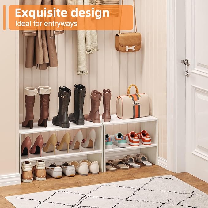 X-cosrack 2 Pack 2-Tier Shoe Rack Organizer for Closet, Expandable and Adjustable White Shoe Rack, Stackable Iron Wood Combin
