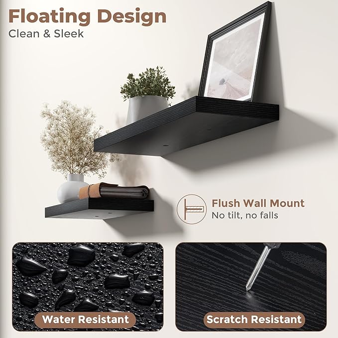 16 Inch Floating Shelves for Wall Set of 2, 8"D Wood Grain Bathroom Shelves with Invisible Brackets, Easy Install Engineered 