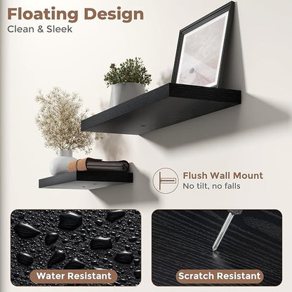 16 Inch Floating Shelves for Wall Set of 2, 8"D Wood Grain Bathroom Shelves with Invisible Brackets, Easy Install Engineered 