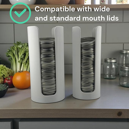 Mason Jar Lid Organizer | White Plastic Lid Storage Rack for Wide & Regular Mouth Mason Jars | Stackable Countertop & Cabinet Organizer | Fits Metal & Plastic Canning Lids