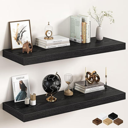 40Inch Black Floating Shelves for Wall, 12 Inch Deep Shelves for Bedroom, Kitchen, Bathroom Wall Mounted, Rustic Wood Floatin