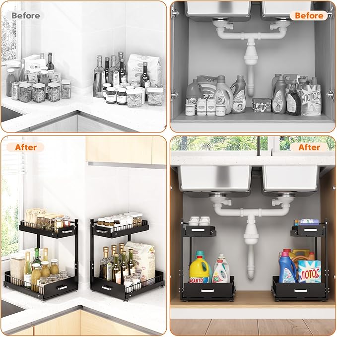 Under Sink Organizer,2 Tier Slide Out Kitchen Cabinet Organizers with Pulley,Under Bathroom Sink Pull Out Organizer with Mult