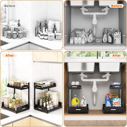 Under Sink Organizer,2 Tier Slide Out Kitchen Cabinet Organizers with Pulley,Under Bathroom Sink Pull Out Organizer with Mult