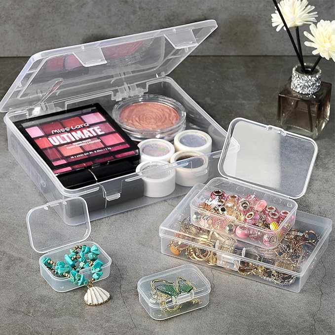7 Pack Mixed Sizes Rectangular Mini Plastic Containers Clear Plastic Storage Boxes with Hinged Lids Empty Beads Organizers fo