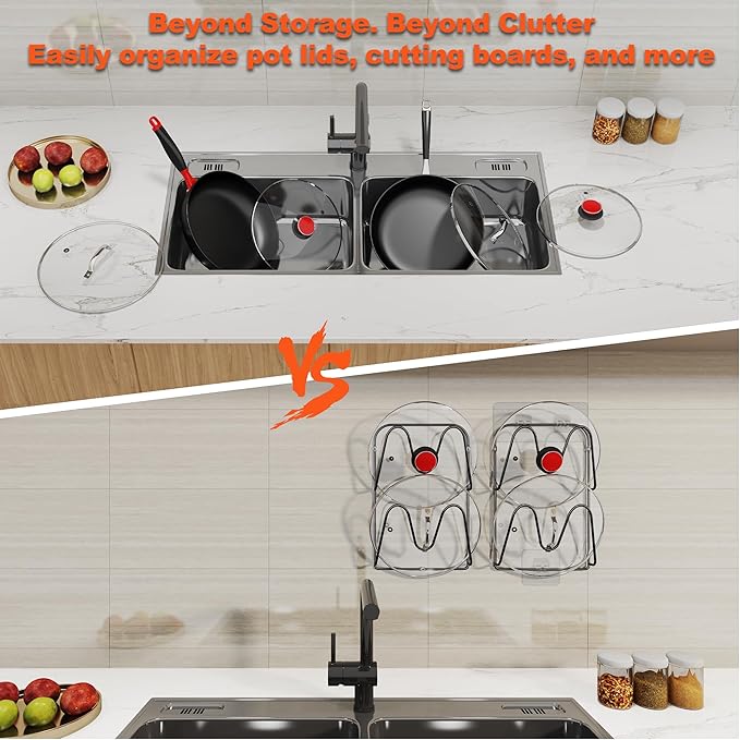 2 Pack Pot-Lid-Organizer, 4-Tier Pots and Pans Lid Organizer Under Cabinet, No Drilling, Rustproof, Lid-Organizers-Inside-Cabinet for Small-Space-Solution & Kitchen Cabinet Organization