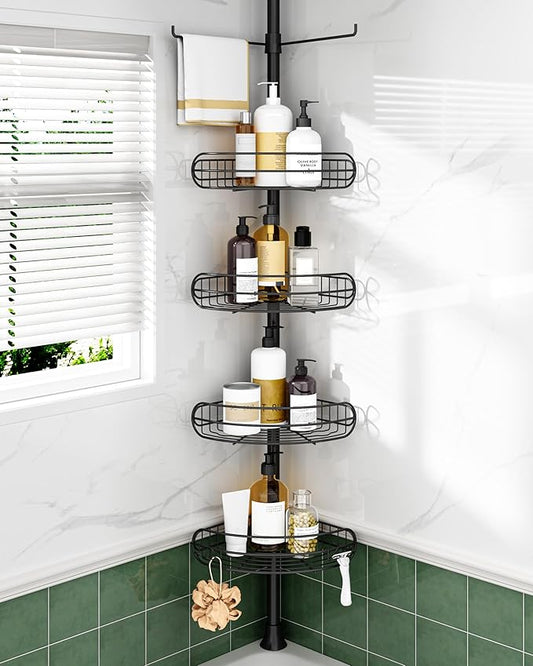 ALLZONE Corner Shower Caddy Tension Pole, 4-Tier Adjustable Shelves, Rustproof Bathroom Shower Organizer Corner for Inside Sh