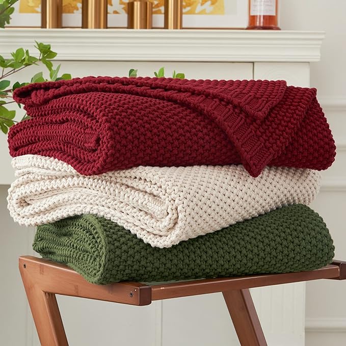 Chunky Cable Knit Throw Blanket Lightweight Wine red 100% Organic Cotton Blanket for Sofa Couch Bed Baby Nursery, Rustic Shab