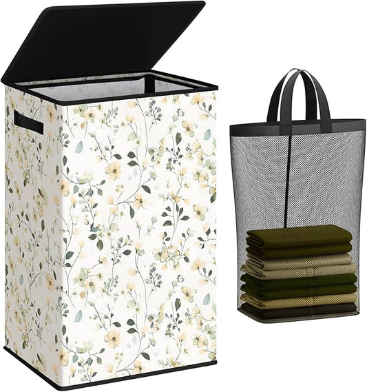 SOLEDI Laundry Hamper with Lid, 90L Tall & Large Floral Laundry Basket, Collapsible Clothes Hamper with Removable Bag, Dirty 