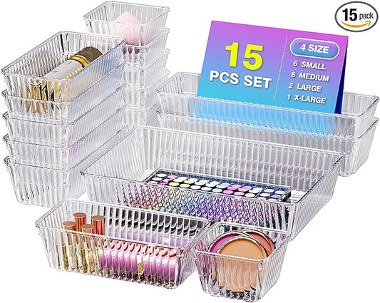 15 PCS Clear Plastic Drawer Organizer Set - 4 Sizes Makeup Organizer Desk Drawer Divider Bathroom Organizers and Storage Bins