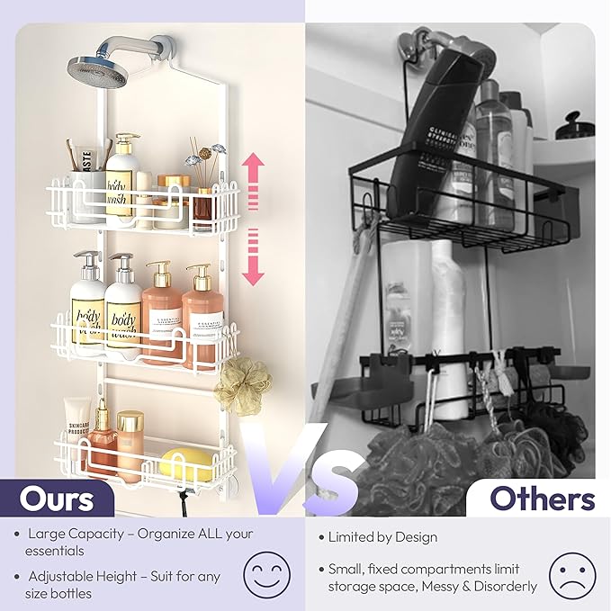 SWTYMIKI Shower Caddy Hanging Organizer - 3-Tier Rustproof Shower Organizer Over Showerhead with Adjustable Baskets, 24 Hooks