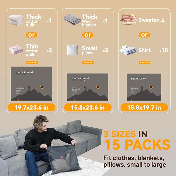 Travel Vacuum Bags for Clothing with Rechargeable Cordless Pump,Vacuum Storage Bags,15 Pack Vacuum Bags,Compression Packing f