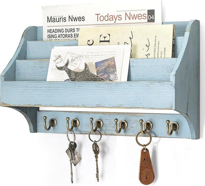 Rebee Vision Pine Wood Key Holder Wall Mount - Farmhouse 3-Tire Mail Holder with 6 Key Hooks for Home Decor- Multifunctional 