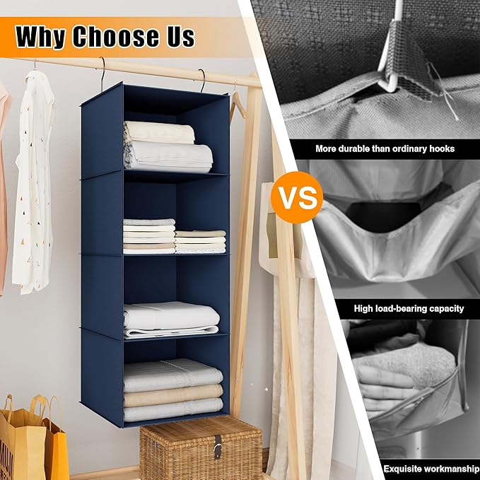 Hanging Closet Organizer - 4-Shelf, Easy Mount Foldable Wardrobe Storage Shelves for Clothes, Handbags, Shoes & Accessories -