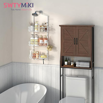SWTYMIKI Shower Caddy Hanging Organizer - 3-Tier Rustproof Shower Organizer Over Showerhead with Adjustable Baskets, 24 Hooks