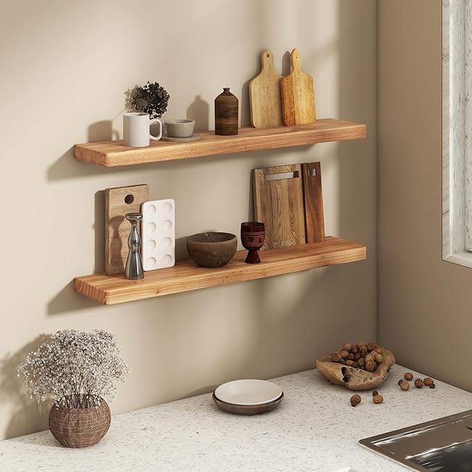 Fun Memories 36 Inch Floating Shelves for Wall, Solid Elm Wood Wall Shelf for Home Decor, Heavy-Duty Hardwood Floating Shelf 