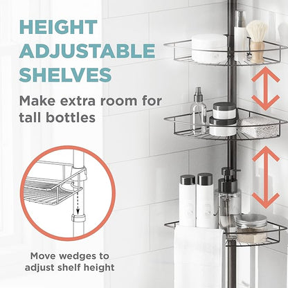 Zenna Home Tension Pole Shower Caddy Corner Organizer, Adjustable Standing Shower Caddy with 4 Baskets and Towel Bar, Rust Re