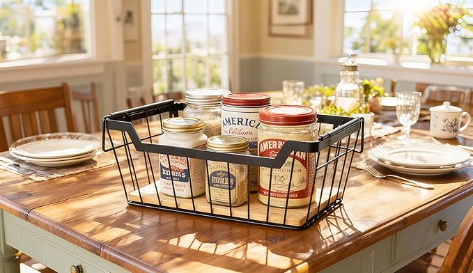 ShabbyDecor Metal Wire Basket with Handles Storage Organizer Stackable Organizing bin for Cabinet Shelf Countertop Under Sink