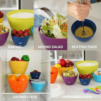LISI 23Pcs Mixing Bowls Set with Lids, Airtight BPA-Free Nesting Bowls for Mixing, Baking, Cooking & Storage, Dishwasher Safe Serving Bowl, Includes Spatula, Spoons, Brush & Whisk