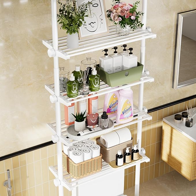 Bonpally Over The Toilet Storage Shelf, 4-Tier Adjustable Bathroom Organizer, No Drill Tension Mounted Shelves Metal, Space-S