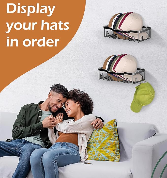 KEETDY Metal Hat Racks for Baseball Caps Wall Hat Organizer Fit 24 Caps Holder, 2 Packs Sturdy Wall Mounted Hat Storage Organ